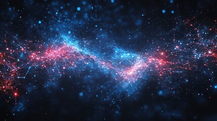 Fototapeta premium Abstract swirling nebula with red and blue glowing particles and lines.