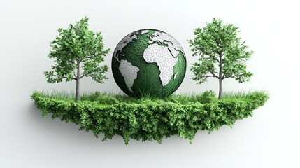 Green earth globe resting among trees on grass, white background, eco concept