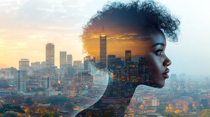 Double exposure portrait of a woman's profile with a cityscape.