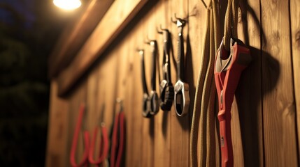 Tools and Ropes Hanging on Wooden Wall in Workshop Environment