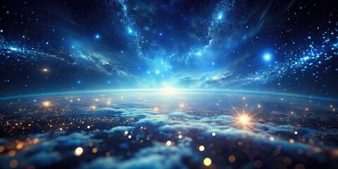 Obraz premium Dark Blue Abstract Background with Glowing Particles - Aerial Photography of a Cosmic Universe, Digital Art, Light Effects, Fantasy, High-Resolution, Atmospheric Visuals, Modern Design