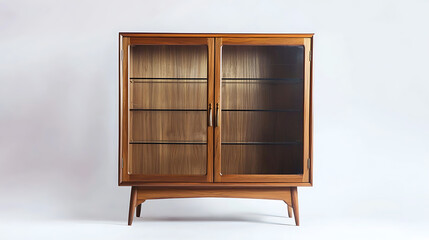 A wooden cabinet with glass doors and a wooden frame