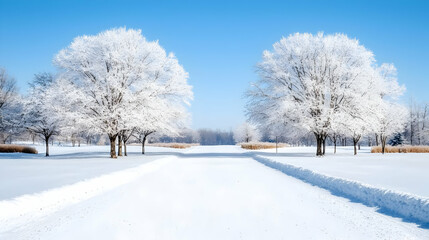 Fototapeta premium Frosty winter trees line snowy path, clear sky