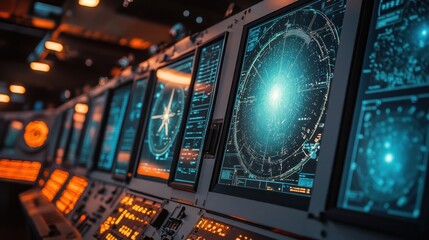 Obraz premium Futuristic control room with multiple monitors displaying radar and navigation data.