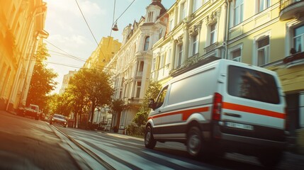 Obraz premium Urban Scene with Moving Delivery Van and Beautiful Historic Buildings