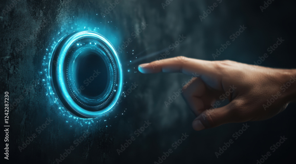 Aufkleber hand reaching towards illuminated circular button with glowing blue aura. background is dark, creati