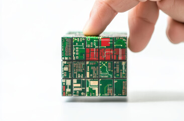 hand touching cube made of circuit boards, showcasing technology and innovation