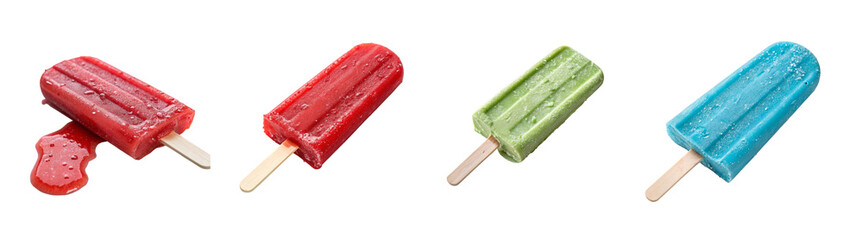Green, Red, Blue Popsicle Ice Cream on White Surface, Cool Treat, Fresh Dessert
