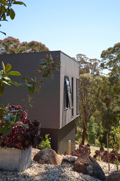 Modern architectural homel nestled among tranquil trees