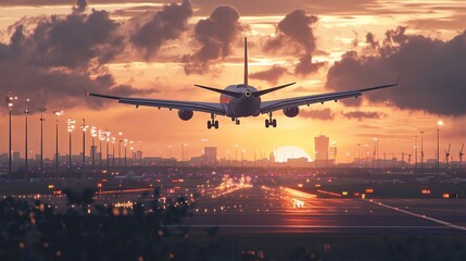 Sunset Airplane Landing: Cityscape Silhouette