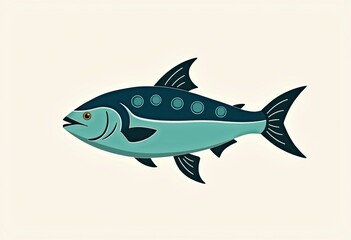 Obraz premium Soft Blue and Green Minimalist Fish: Circular Fins, Geometric Design, Clean Vector Illustration, Aquatic Theme, Ocean Life, Simple Art, Pure White Background, Modern, Fish Icon. 