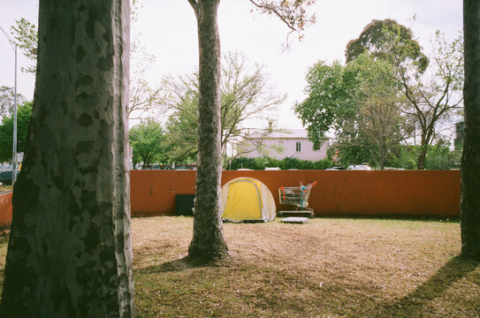 Homeless persons tent and shopping cart in a city park