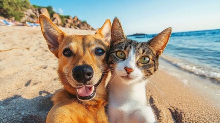 Happy dog and cat snapping a selfie on the beach.
