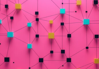 Pink network, colorful cubes connect, abstract background, tech concept