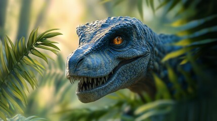 Fototapeta premium Closeup of a velociraptor dinosaur in the jungle
