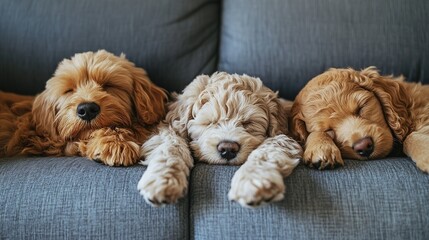 Adorable Trio of Fluffy Puppies Relaxing on a Cozy Sofa