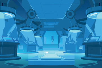 A futuristic science lab interior; holographic displays showing complex data streams, advanced equipment, sleek metallic surfaces.