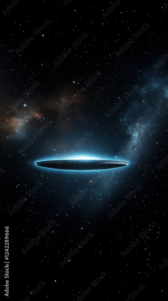Wall mural mysterious ufo shaped object in deep space with glowing edge