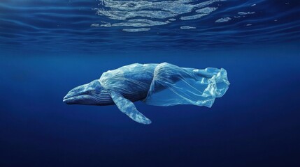 Injured whale trapped in a plastic bag floating on the ocean surface.