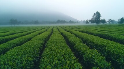 Misty morning view of a lush green tea plantation with rows of tea bushes and a hill in the background.