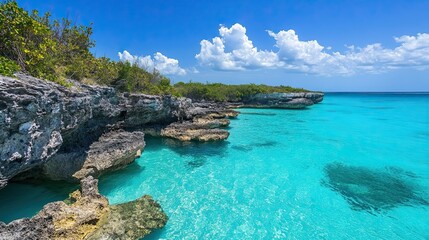 Fototapeta premium Turquoise Waters and Rocky Cliffs under a Clear Sky Tropical Paradise