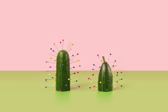 Two cucumbers styled as Christmas tree using colorful pins