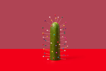 Half of cucumber with colorful pins against red background