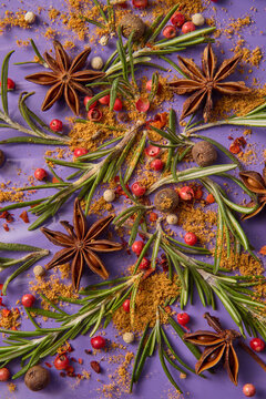 Close up of Christmas tree made from spices, star anise and rosemary