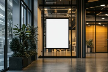 Blank vertical poster mockup in modern office hallway.