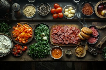 Rustic kitchen table, preparing gourmet burger, ingredients arranged, overhead view, food photography