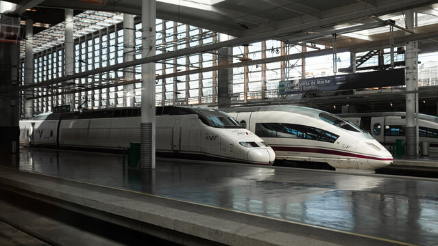 Madrid, Spain - Mar 06, 2024: High-speed trains, AVE, at Atocha train station, in Madrid, the capital of Spain