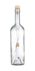 Corked glass bottle with rolled letter isolated on white