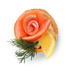 Tasty tartlet with salmon, lemon and dill isolated on white, top view