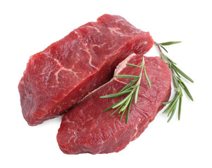 Pieces of raw beef meat with rosemary isolated on white