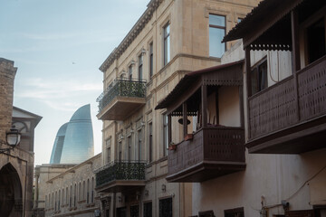 Old city of Baku, Azerbaijan. Inner view of historic walled town in the sunset