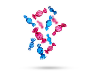 Candies in bright wrappers falling on white background