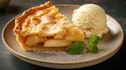 Classic apple pie slice with a golden lattice crust, served warm with a scoop of melting vanilla ice cream on a rustic wooden plate