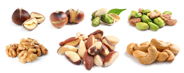Brazil and other nuts isolated on white, set