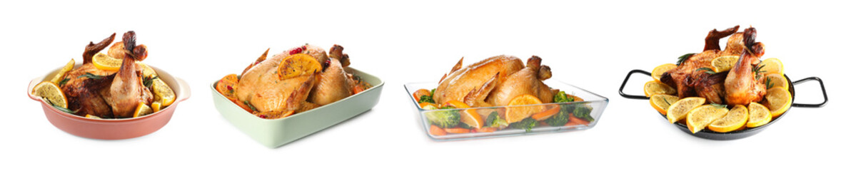 Cooked chickens in baking dishes isolated on white, set