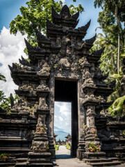 An ancient temple gate with intricate carvings and dark stone architecture, surrounded by lush greenery. A mystical and historical landmark that reflects Southeast Asian cultural heritage