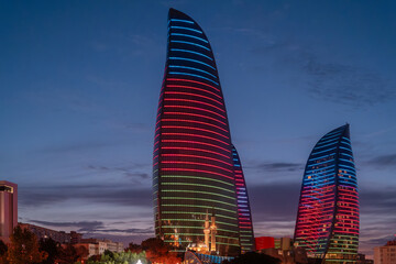 View to Flame Towers in Baku, Aazerbaijan. Cityscape in the dusk from panorama viewpoint
