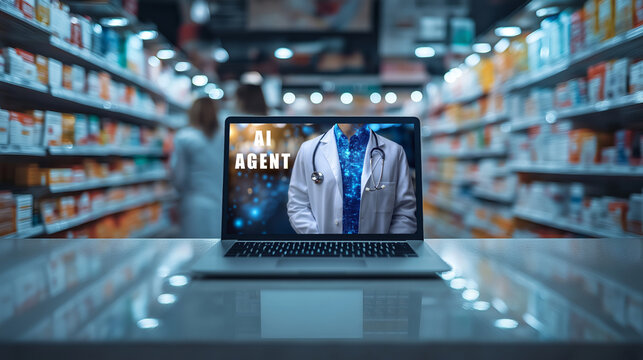 An AI agent doctor on a laptop in a pharmacy symbolizing agentic collaboration in healthcare with a pharmacist and online virtual support from an assistant at a drugstore