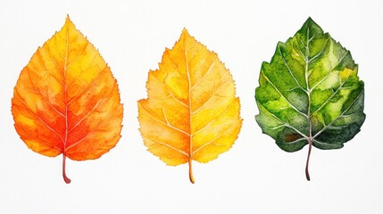Three watercolor leaves showing autumnal color change.