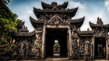 An ancient temple gate with intricate carvings and dark stone architecture, surrounded by lush greenery. A mystical and historical landmark that reflects Southeast Asian cultural heritage