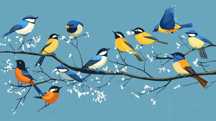 Fototapeta premium Cute Cartoon Birds on Tree Branches Vector Illustration for Nature Inspired Card Design