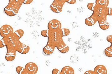 seamless pattern with christmas gingerbread men and snowflakes on white isolated background