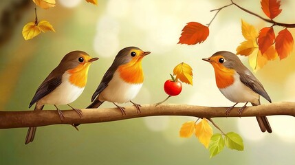 Fototapeta premium Cute Cartoon Birds in Love on a Tree Branch Illustration for Valentine's Day Card Design