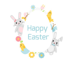 Flat cartoon Easter wreath with an egg shape, featuring gray bunnies, yellow chicks, butterflies, and flowers. Light pastel colors, cute spring holiday decoration with Happy Easter text