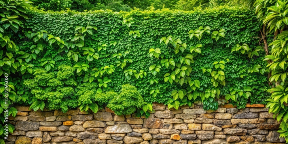 Poster Lush green foliage covering a stone wall in a garden, green, foliage, lush, wall, background, nature, plant, leaves