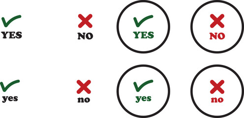 Sharp green checkmark and red cross icon set on isolated transparent background black vector symbol for right and wrong choices. Modern flat and line design symbol tick sign collection. Yes or No.